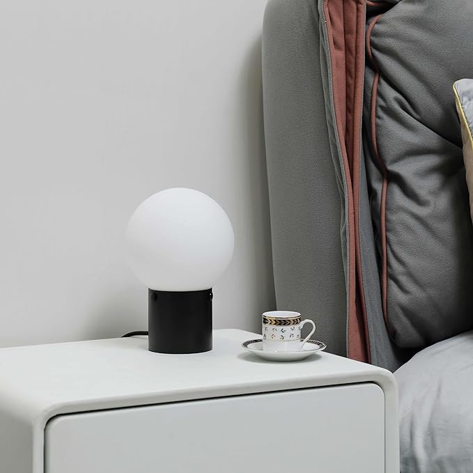 Somniferous Small Table Lamp for Nightstand with Frosted Glass Globe Lamp Shade, Mid Century Modern Bedside Lamp with Black Metal Base, Round Side Table Lamp for Bedroom Living Room Entryway