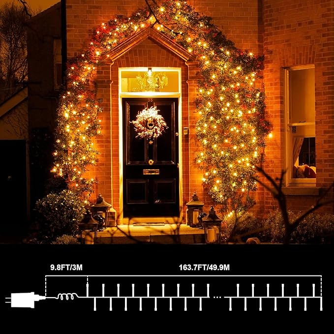 LAMPHOME 165ft Christmas Decorative Mini Lights, 500 LED Transparent Wire Fairy Starry String Light Plug in, 16Lighting Modes for Indoor Outdoor Xmas Tree Wedding Party Decoration (Yellow)
