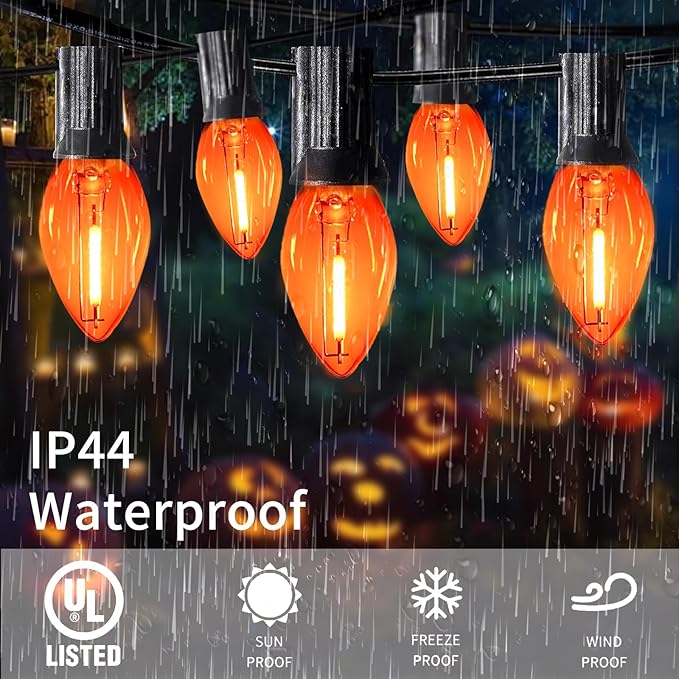 C7 Orange Halloween Lights Outdoor, 25FT LED String Lights with 25 Bulbs, Waterproof Fall Thanksgiving Decor for Patio, Fence, Tree, Party