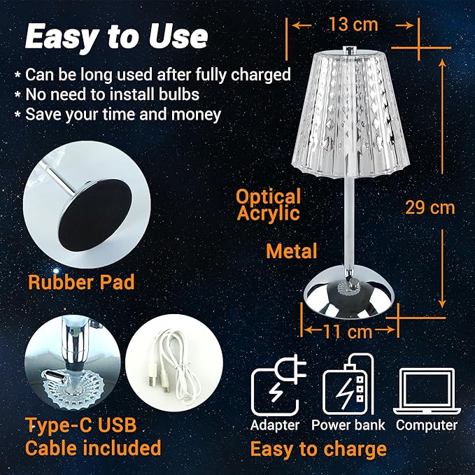 Cordless Table Lamp, 4000mAh Rechargeable Battery Operated Lamp, 3 Color Modes & Stepless Dimmable LED Touch Lamp, Portable Crystal Metal Beside Lamps for Bedroom Restaurant(Silver Chrome)