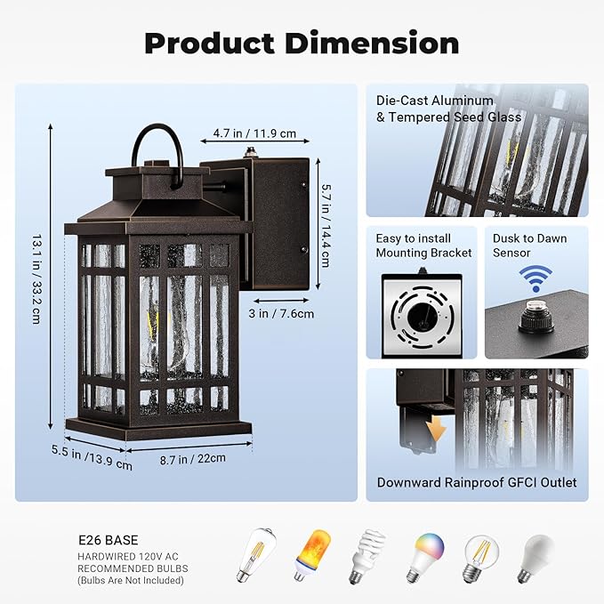 Dusk to Dawn Porch Lights with GFCI Outlet, Outside Lighting Fixtures for House, Oil Rubbed Bronze Exterior Garage Light Fixtures with Gold Trim, Anti-Rust Outdoor Sconce Light for Patio, Coach