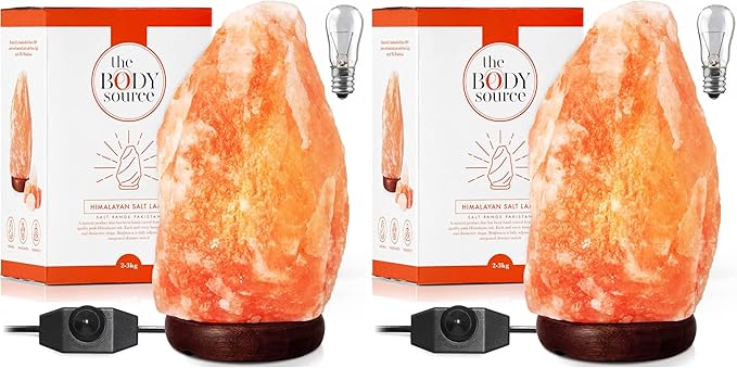 The Body Source Himalayan Salt Lamp | 8-10 in (7-11 lb) | Natural Salt Rock Lamp with Dimmer Switch & Wooden Base | Night Light & Bulb Replacement (Pack of 2)