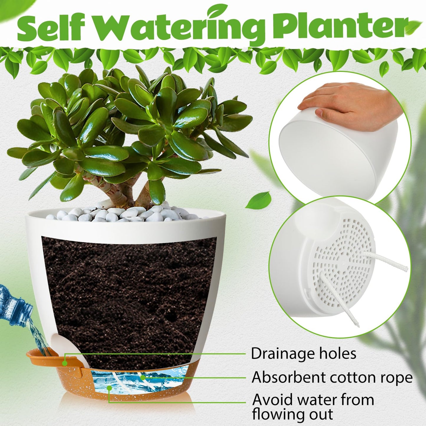 Remerry 15 Pcs 7/6.5/6/ 5.5/5 Inch Self Watering Planters with Drainage Hole Plant Pots Plastic Flower Pots Self Watering Pot and Saucer Reservoir for Garden Plant Flower (White)