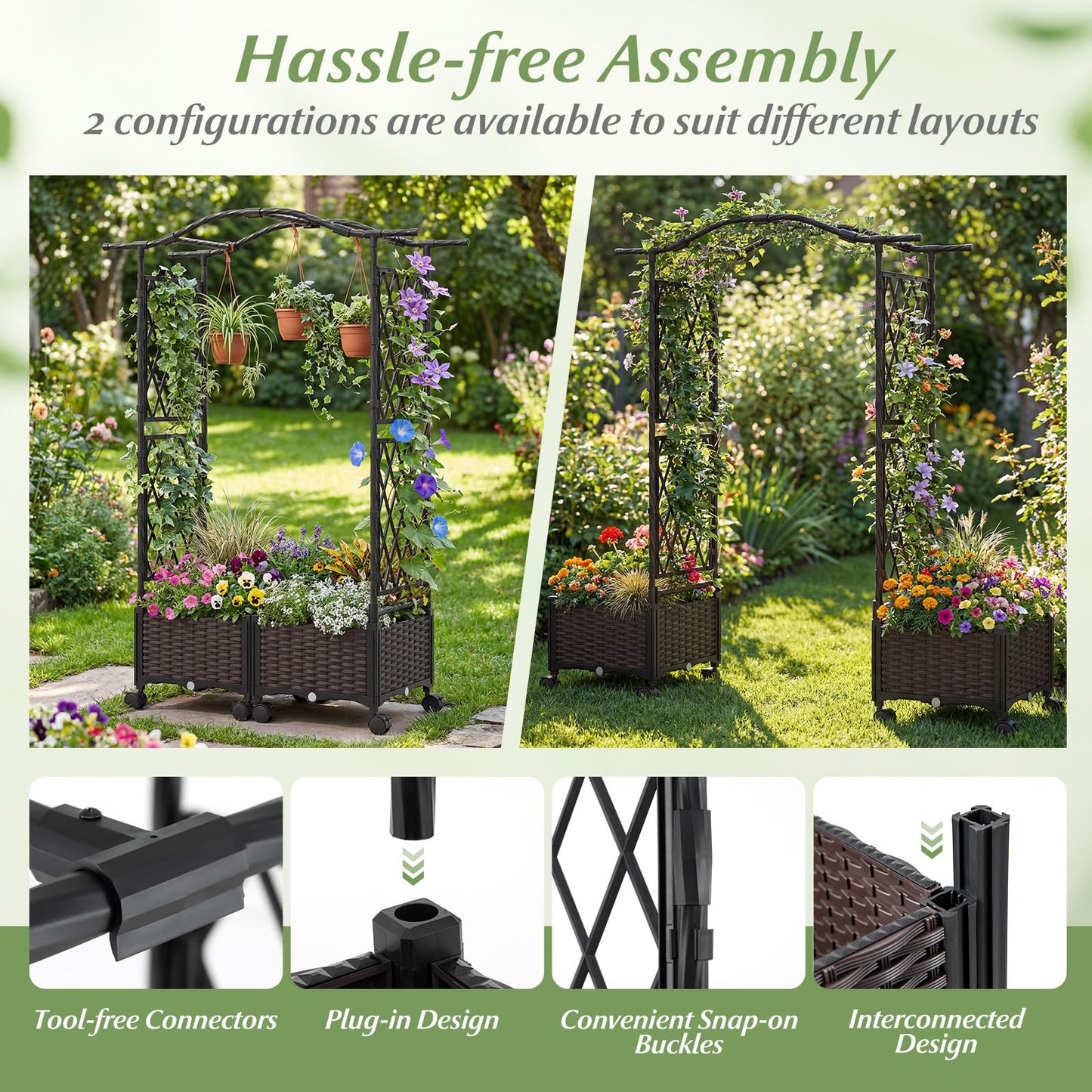 BECOMFORT Planter Box with Arch Trellis, 58”H Self-Watering Tomato Planter w/Wheels, Hanging Roof & Drainage Holes, Outdoor Indoor Raised Garden Bed for Climbing Vines, Perfect for Lawn & Backyard