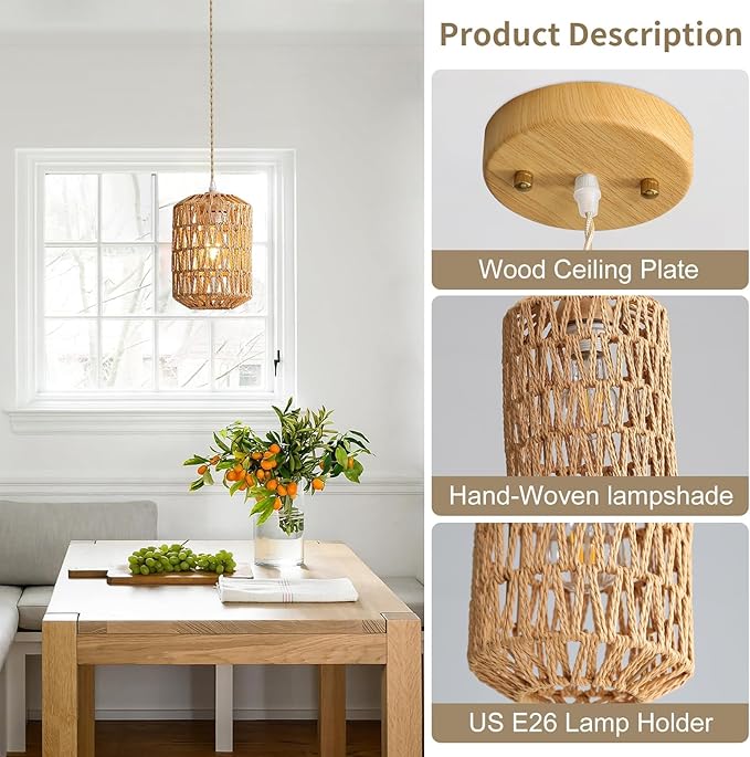 1-Light Rattan Pendant Light, Boho Light Fixture for Dining Room, Small Wicker Light Fixture, Rattan Chandelier Woven Hanging Light, for Kitchen Island Bedroom Hallway, ETL Listed