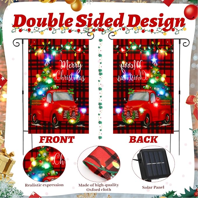 VIHOSE Merry Christmas Lighted Garden Flag 8 Modes Solar Red Truck Christmas Garden Flag LED Double Sided Xmas Tree Red and Black Checkered Yard Banner for Outdoor Lawn Decoration