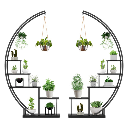 5 Tier Metal Plant Stand Indoor, 67.25“ Tall Half Moon Shape Multiple Stand Holder Shelf Planter Display, Hanging Shelf Flower Stand Ladder for Patio Garden Living Room, Black Set of 2