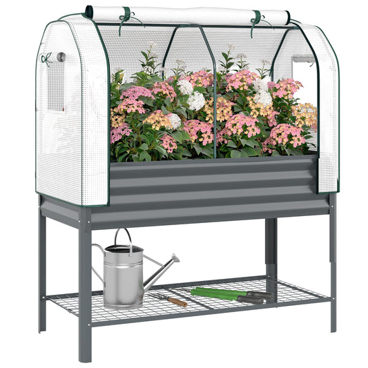 Outsunny Galvanised Raised Garden Bed with Greenhouse Cover, Metal Elevated Garden Bed with Legs, Bed Liner and Bottom Shelf, Outdoor Raised Planter Box for Vegetables, Herbs, Flowers, Dark Gray
