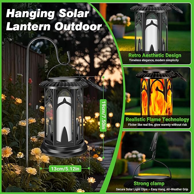 Solar Lanterns Flickering Flame Outdoor Metal Solar Light Waterproof Solar Powerd Led Flame Lights with Battery Compartment Dual Mode for Patio Fence Garden Yard Trees Lawns Decorations(Pack of 2)