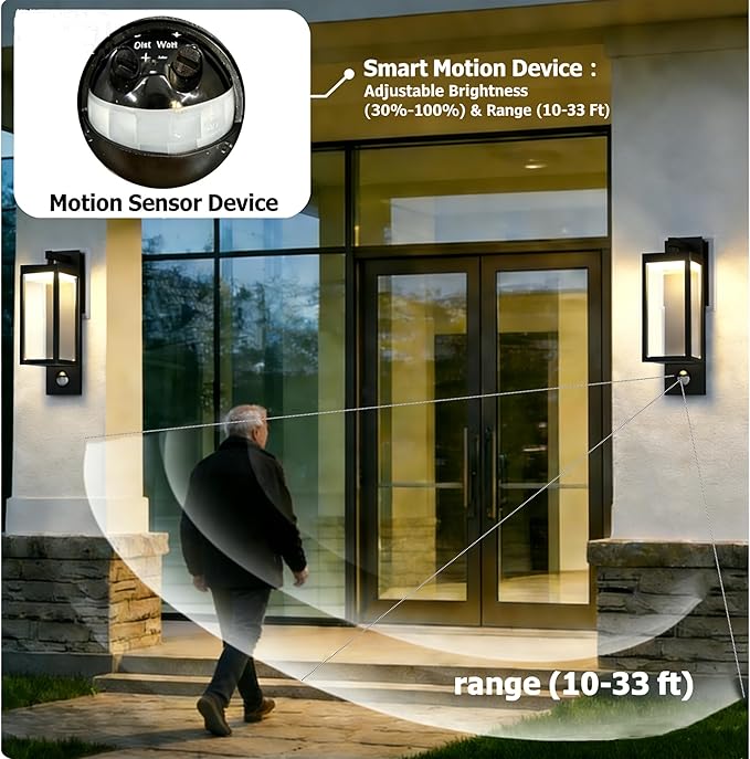 Modern Motion Sensor Outdoor Wall Light Sconce with Glass, 850LM LED, IP65 Waterproof Aluminum Lantern - Anti-Rust Exterior Lighting for Porch, Garage, Front Door, Patio,Black
