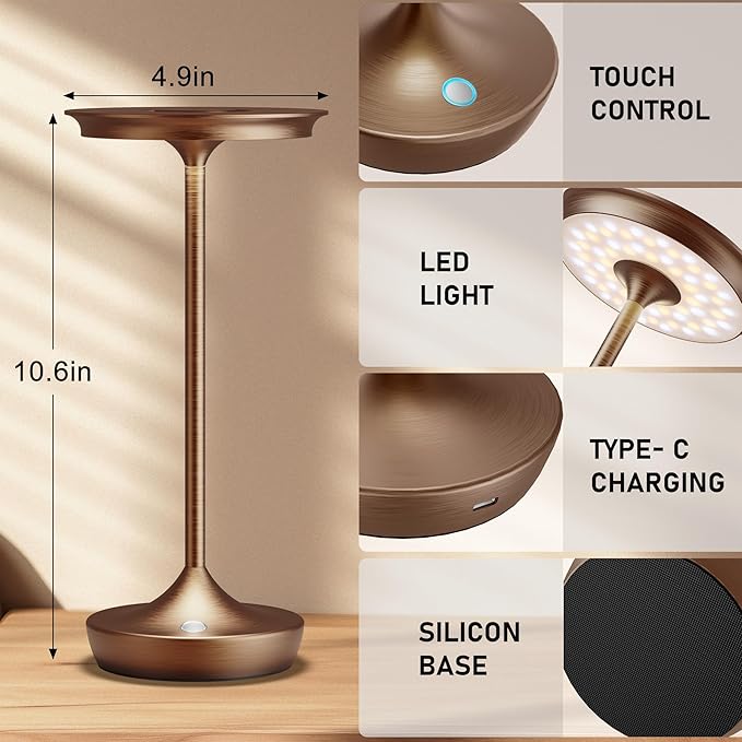 LED Cordless Table Lamps Rechargeable - Outdoor 6000mAh Battery Operated Portable Tables Light 3 Color Stepless Dimming Lamp with Memory Function for Patio Restaurant Dining Moka