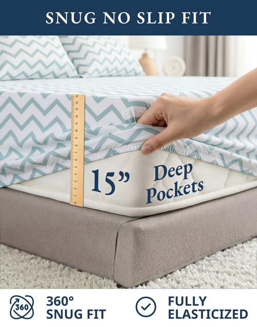 LANE LINEN 100% Organic Cotton Printed California King Sheets Set, 4-Piece All Seaons Soft & Comfy Mercerized Fully Elasticized Naturally Temperature Regulating Printed Cotton Cal King Sheets -Chevron