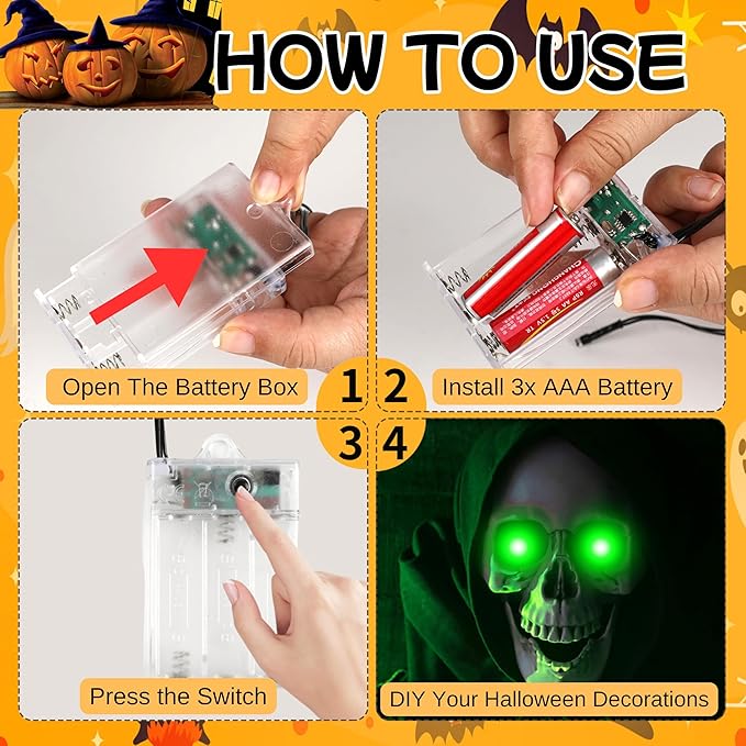 4 Pack Halloween Decoration LED Glowing Light Up Skulls Eyes, Horror DIY Glowing Eyes Lights Battery Operated for Halloween Decoration Masks, Skulls, Pumpkin, Spider, Tombstone Props (Green)