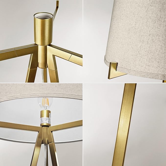 Tripod Floor Lamp with Linen Drum Shade, Tripod Lamps for Living Room，Mid Century Modern Floor Lamp，Modern Polished Brass Finish Reading Standing Lamp for Living Room, Bedroom, Office
