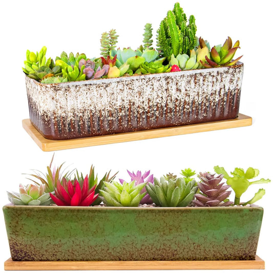 Succulent Pots - 12 Inch Large Succulent Planters with Drainage Tray, Window Sill Planter, Long Rectangle Ceramic Pots for Indoor Cactus Plants Shallow Bonsai Window Box for Home Garden Decor