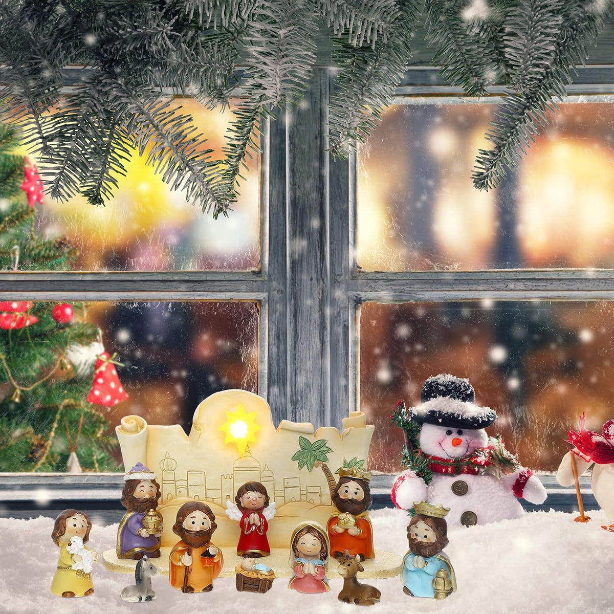 Skiennix Mini Christmas Nativity Set - 11 Colorful Figurines with Light | Rearrangeable Manger Decor