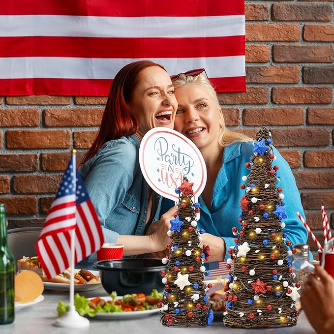 CRCZK 250 Anniversary USA Table Rattan Trees with LEDs, 4th of July Independence Day Table Centerpiece,Rustic Farmhouse Memorial Day Decorations 2PACK Red White Blue Patriotic Decorations