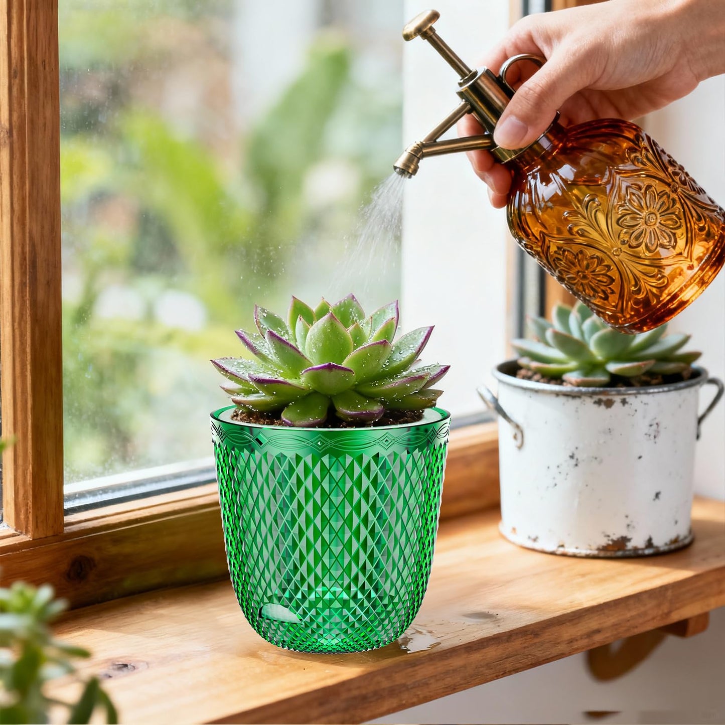 QCQHDU 2 Pack Self Watering Pots, 7.2 Inch Flower Pots with Drainage Holes and Water Filling Port, Plastic Garden Planter for Indoor Outdoor Plants (Emerald)