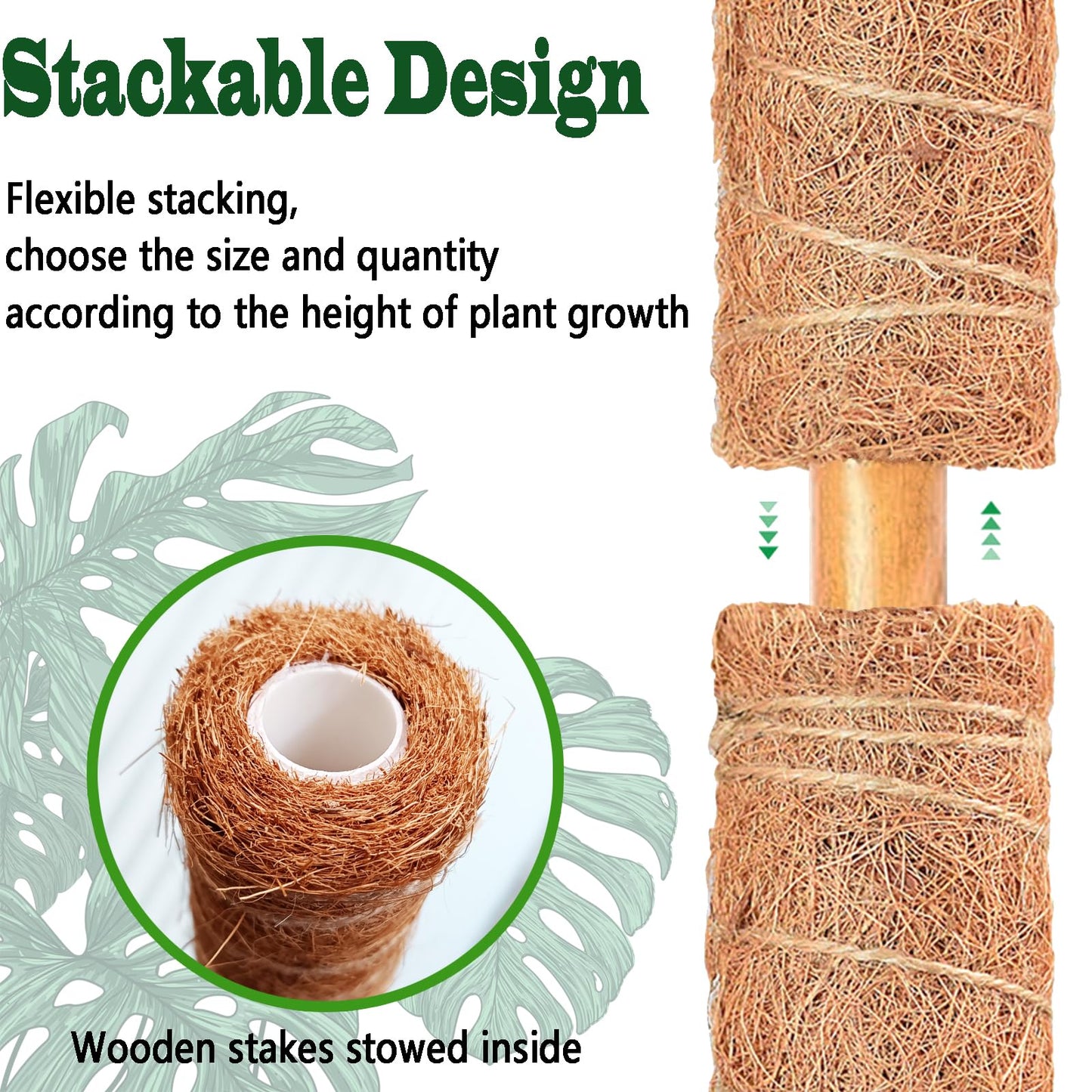Moss Pole Set, Stackable Moss Poles for Climbing Plants Monstera, Tall Plant Sticks Accessories, Large Coir Plant Support Stakes for Potted Plants Indoor, Pothos, Philodendron