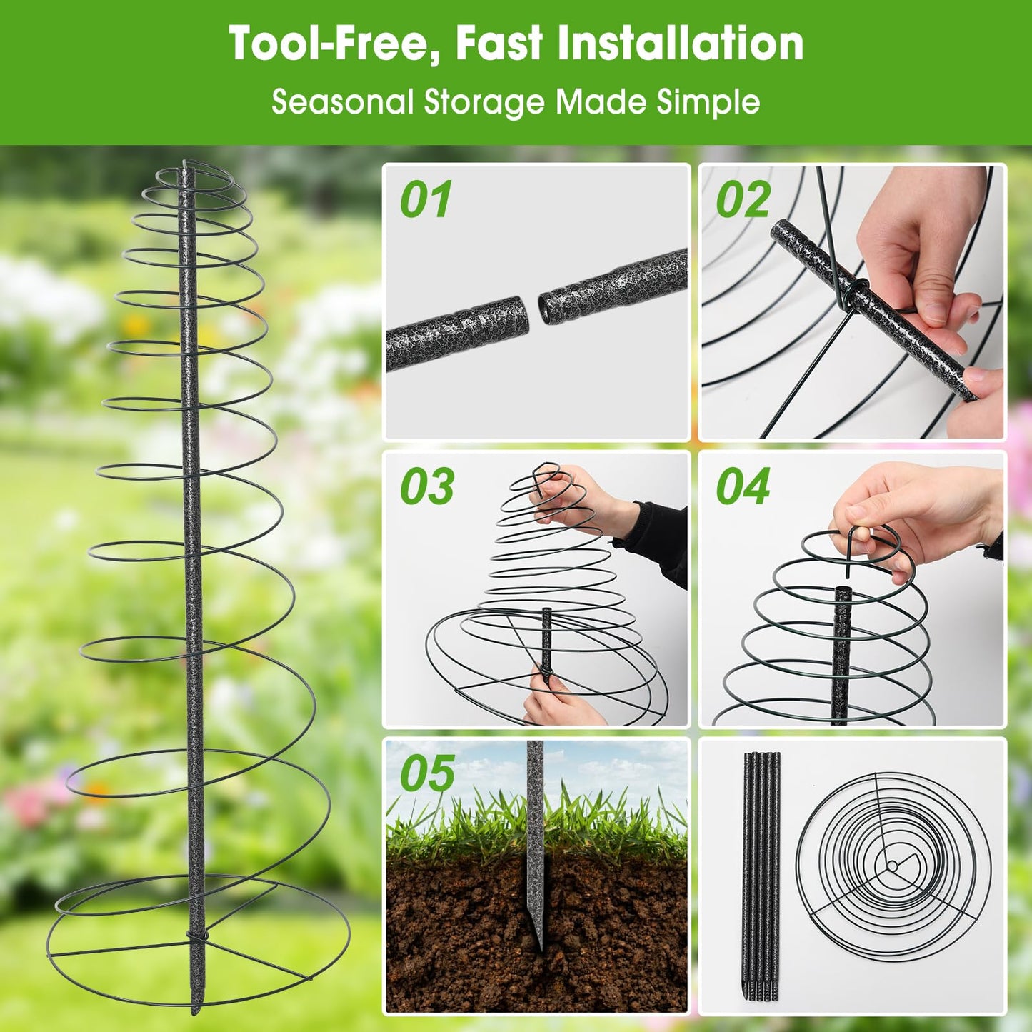 Trellis for Climbing Plants, 2PCs 75” Metal Spiral Frame Pea Trellis with Center Pole, Adjustable Vine Plant Tower Supports for Outdoor Beans,Cucumbers,Vegetable,Flowers,Pots,Garden Raised Bed,12” Dia