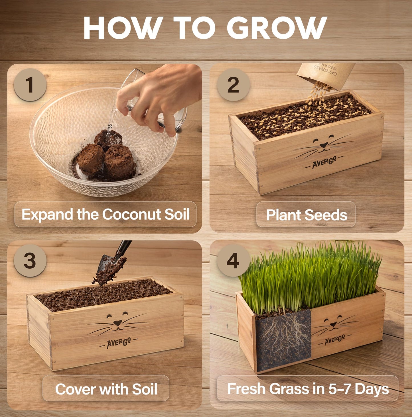Cat Grass Kit for Indoor Cats – x4 Seed Packets | Cat Grass Seeds with Wooden Planter, Soil & Mini Gardening Tools for Nipping & Nibbling – Pet Wheatgrass Grass