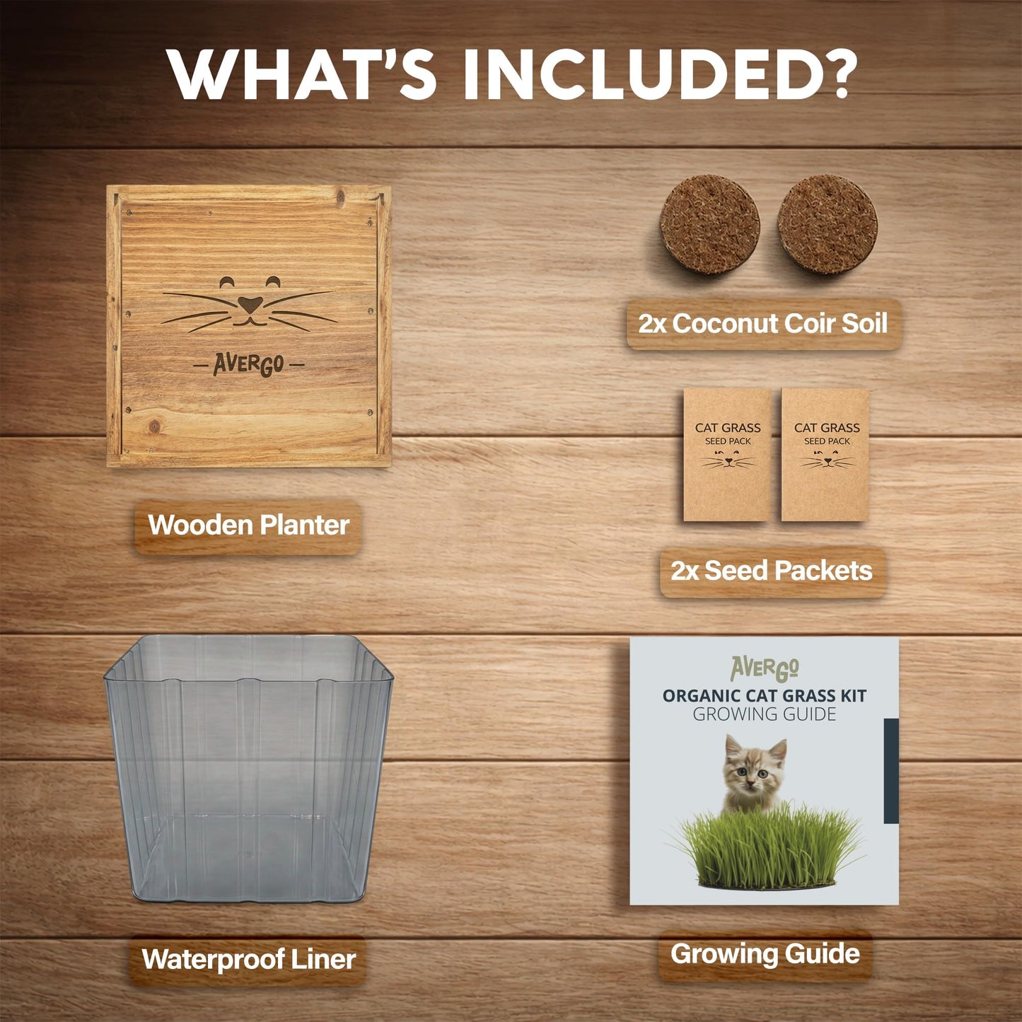Cat Grass Kit for Indoor Cats – x2 Seed Packets | Cat Grass Seeds with Wooden Planter & Soil for Nipping & Nibbling – Pet Wheatgrass Grass