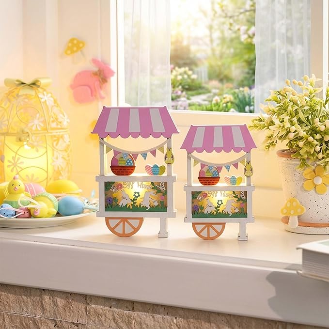 Valery Madelyn Easter Decorations, Easter Decor with LED Light, Lighted Egg Hunt Booth Decor for Table, Wooden Bunny Decorations for Home Decor Shelf Tiered Tray Living Room, 7.5 inch