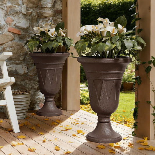 Diyfire Tall Urn Planters for Outdoor Plants Set of 2-23.6" H Vintage Trophy Design Outdoor Planters for Porch Decor with Drainage Hole, Indoor Large Flower Pots, Pedestal Planter/Garden Vase, Brown