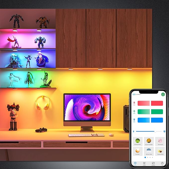 BASON LIGHTING RGB Under Cabinet Lighting, Halloween Decoration Lights, Bluetooth APP Control LED Puck Lights, Dimmable, Adapter Powered Shelf Decorative for Kitchen, Counter, Glass Cabinets