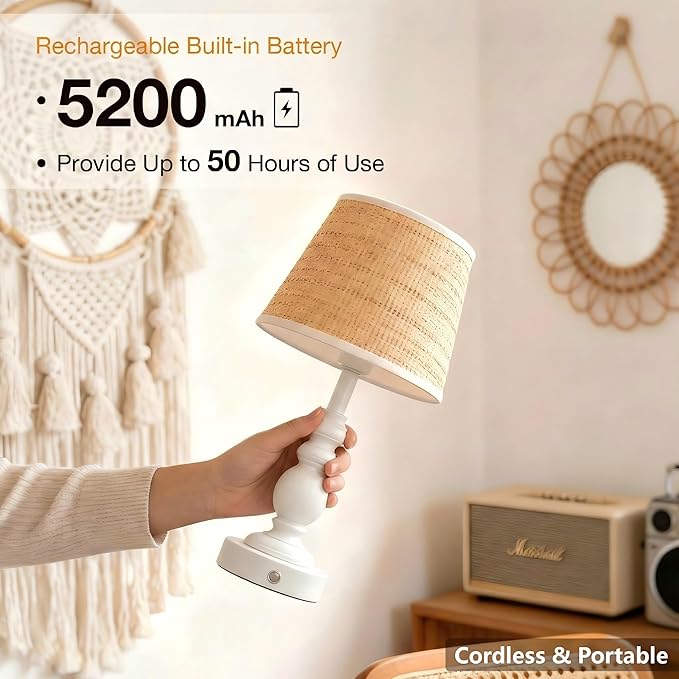 Cordless Boho Sculptural Table lamp White, 5200-mAh Rechargeable Battery Touch Lamp, 3-Way Dimmable, Build-in LED 320 Lumens Max, Resin Home Decor, for Bedroom Living Room Dining Room
