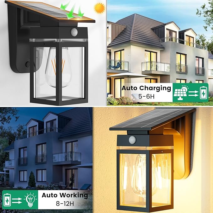 4 Pack Solar Porch Lights Outdoor, Dusk to Dawn & Motion Sensor Wall Light with Lantern Shape, 3 Modes IP65 Waterproof, E26 Bulb Exterior Sconce for Front Porch, Garage, Patio Security