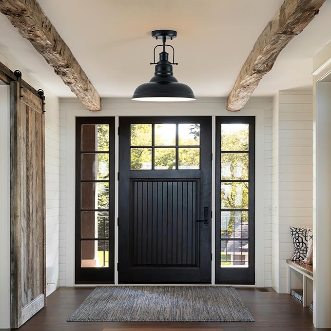 Famrhouse Ceiling Light, Semi Flush Mount Light Fixture with Metal Dome Shade, Balck Ceiling Light for Hallway, Entryway,Kitchen