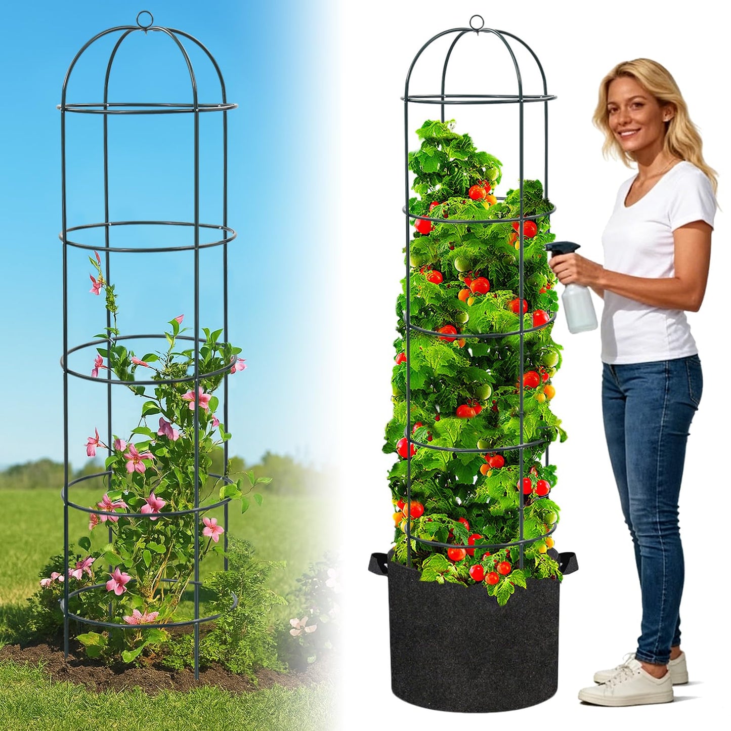 Large Trellis, Garden Obelisk Trellis for Climbing Plants Outdoor, 69" Metal Trellises for Tomato Cucumber Grape Clematis Rose Vine Support, Heavy Duty Fit 25-Gallon Container Raised Bed, Freestanding