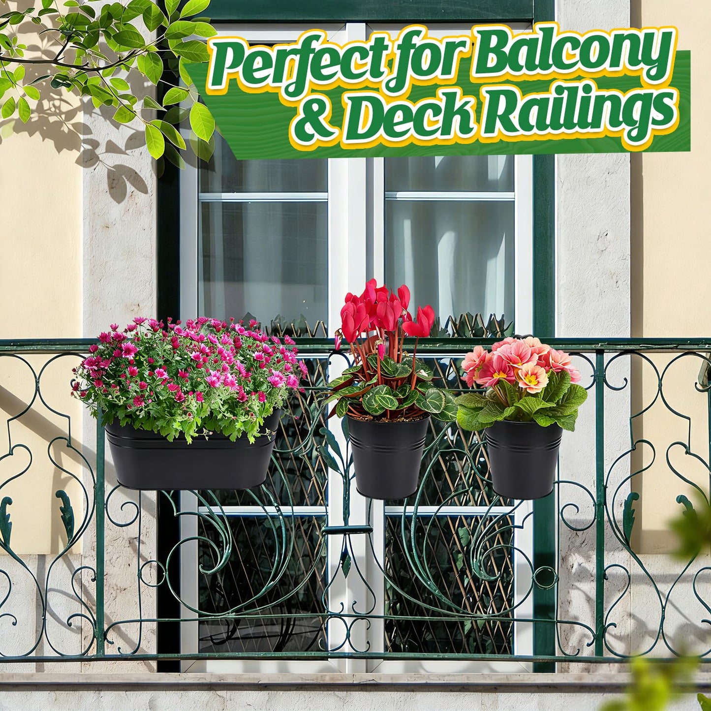 MADHOLLY Railing Planter with Drainage - 10.8" & 5.1" Bucket Pots for Balcony Railing, Metal Iron Hanging Flower Pots for Herb Planter Outdoor Deck & Rail Decor with Hook, Black (3Pcs)