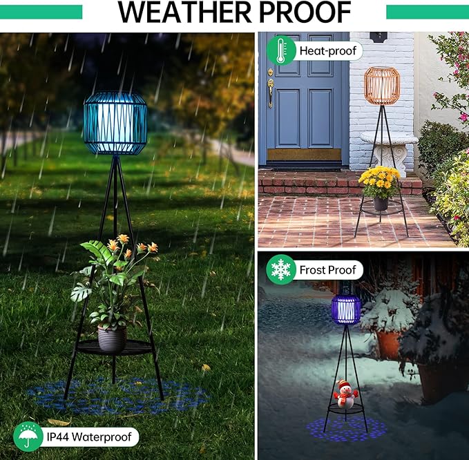 HUYIENO 2pk Solar Floor Lamps Porch Decorations 9 Color Option Outdoor Rattan Lights with Plant Stand Both USB Charge and Solar Powered Garden Lantern Lights for Patio Yard Pathway