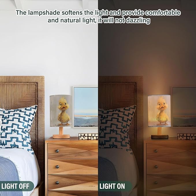 Cute Duckling Farm Animal Duck Table Lamp with Wood Base Fabric Lamp Shade Bedside Nightstand Desk Lamp for Living Room Bedroom Kids Room Office