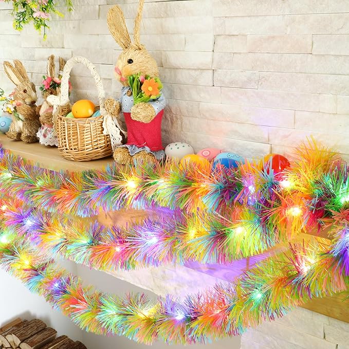 Chuangdi 16.4 ft Easter Tinsel Garland with LED String Light Easter Egg Twist Metallic Wire Garland Tinsel Foil Hanging Decor, Colored, Colored Light
