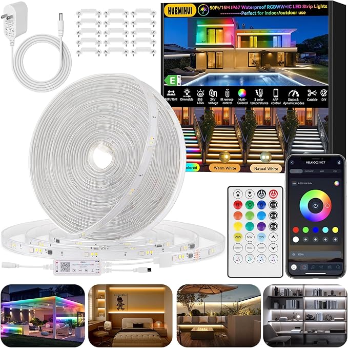 50Ft Outdoor RGBWW+IC LED Strip Lights, IP67 Waterproof Multi-Colored+3000K-6500K 24V LED Lights with Remote and APP, Music Sync Color Changing LED Tape Lights,DIY Strip Lighting for Courtyard Garden