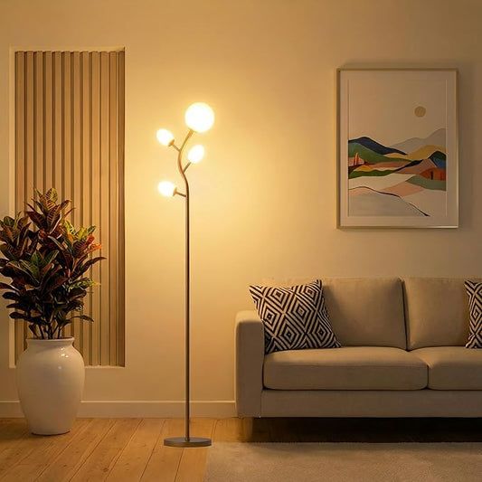 Fiqevs 4 Globe Floor Lamp, Modern Gold Tree Standing Lamp with Warm Light LED Bulbs and Sphere Frosted Glass Shade, Mid Century Sputnik Tall Lamp for Living Room, Bedroom, Office, Antique Brass