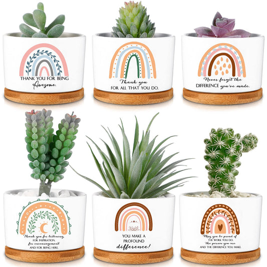 Sieral 6 Pcs Thank You Employee Appreciation Gift Succulent Pots Social Worker Gift Ceramic Plant Pot with Bamboo Tray Succulent Planter for Coworker Teacher, Plants Excluded (Boho Style)