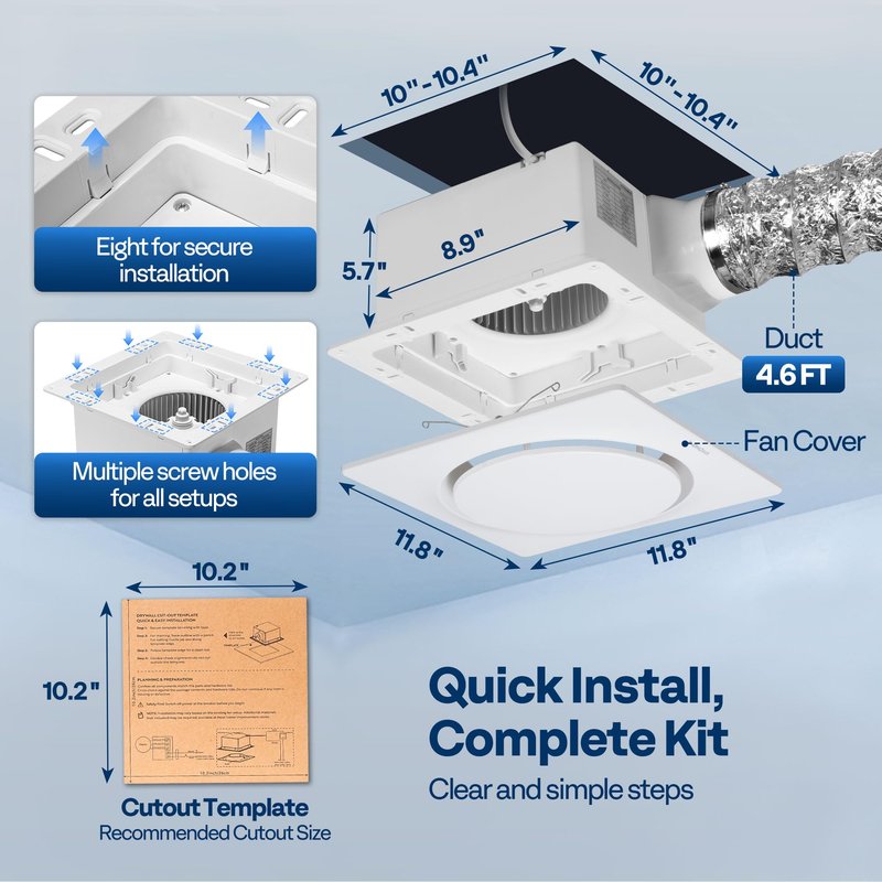 VIVOHOME AutoFlow Bathroom Exhaust Fan with Humidity Sensor (160-110-30CFM) - Energy-Saving EC Motor,10.2-inch Ceiling Retrofit Bath Fan, No Attic Access Needed(Install Kit, 4-in Duct Included)