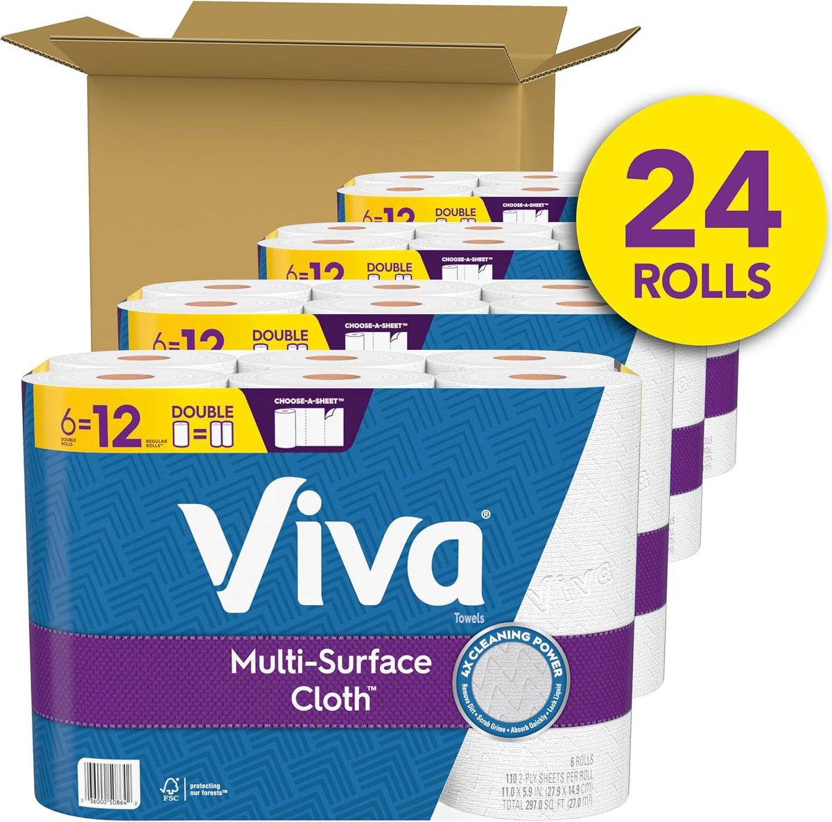 Viva Multi-Surface Cloth Paper Towels - 24 Double Rolls | 110 Sheets Per Roll for Ultimate Cleaning
