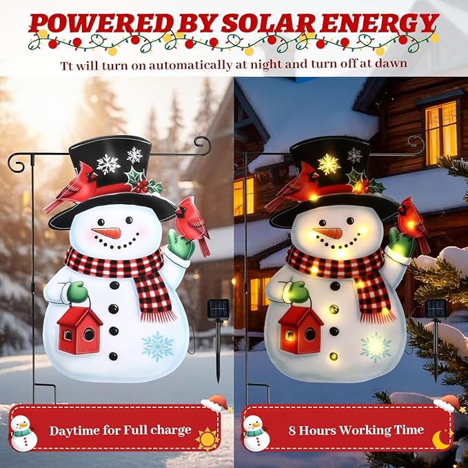 VIHOSE Lighted Christmas Garden Flag, 12 x 18 Inch 8 Modes Double Sided Solar Christmas Decorations, LED Snowman Garden Flag, Outdoor Yard Decor for Xmas Winter Patio Porch Lawn