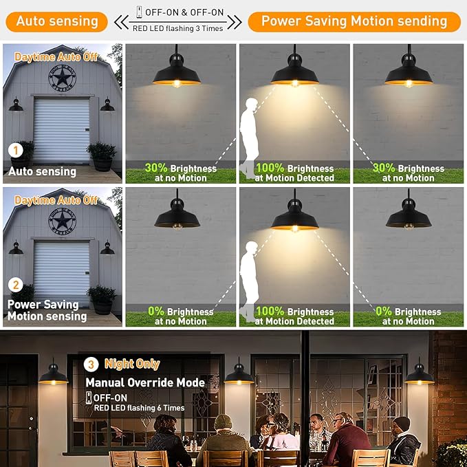 12.4'' Motion Sensor Outdoor Barn Lights, Dusk to Dawn Outdoor Lighting Wall Mount, Farmhouse Outdoor Wall Sconce Dome Gooseneck Barn Light for Porch Garage Patio, Waterproof Rustproof, 2-Pack