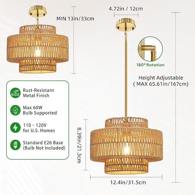 1 Light Pendant Lighting, Farmhouse Hanging Light Fixture for Kitchen Island & Dining Room, Industrial Vintage Ceiling Lamp with E26 Base, Adjustable Height, 12.4” Boho Rattan Chandelier