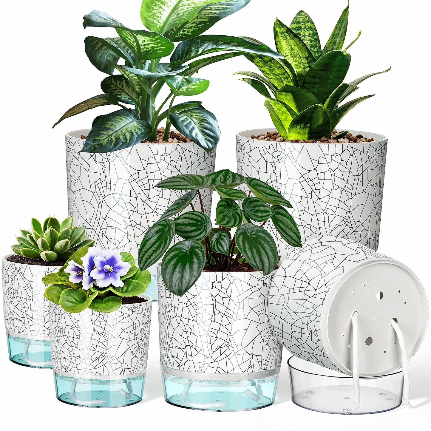Samhe 6 Pack Self Watering Pots for Indoor Plants, 4+5.5+6.3 Inch Self Watering Plant Pots Set, Flower Pots with Wick Rope and Reservoir for African Violet, Spider Plant, Orchid - Crack Texture