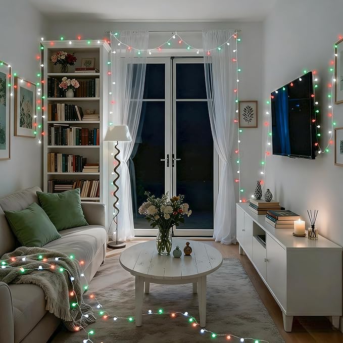 JMEXSUSS Globe String Lights, Red White and Green Christmas Lights，100 LED Plug