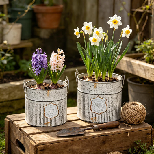 Vintage Metal Flower Planter Buckets with Handle Set of 2 Rustic Metal Flower Pots Farmhouse Plant Containers for Herb Succulent, Indoor Outdoor Garden Home Yard Bathroom Kitchen Decor (Gray#2)