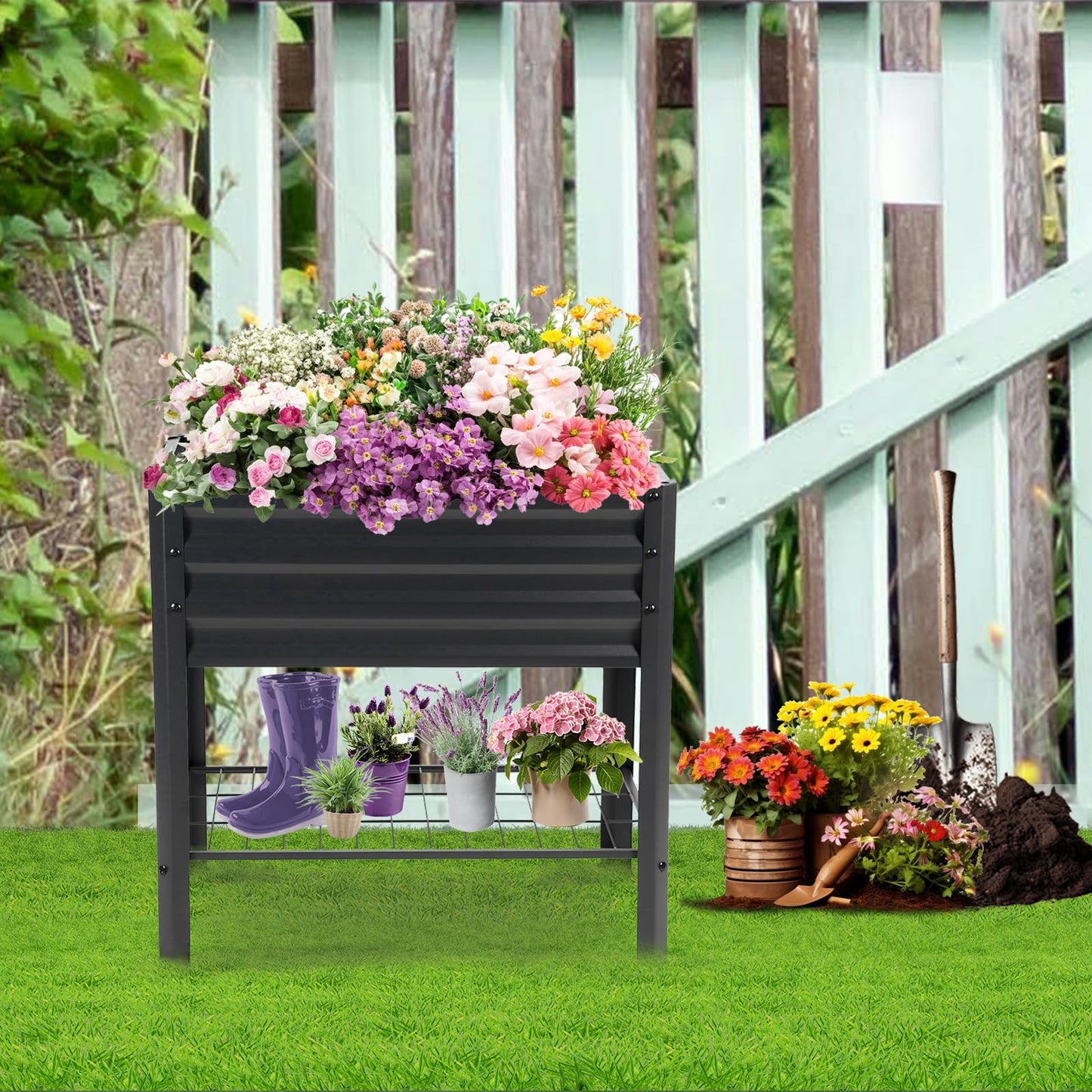 Veezyo Raised Garden Bed with Legs and Shelf, 2pcs 32"x20"x31.5" Elevated Metal Planter with Legs for Outdoor Vegetables and Herbs, Standing Raised Beds for Balcony, Patio, Lawn and Backyard