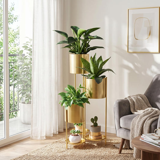 TRIROCKS 35.5'' High Metal Plant Stand 6 Tier 6 Potted Indoor Flower Pot Stand Holder Shelf Outdoor Foldable Decorative Storage Shelf Rack for Multiple Potted Plants Patio Garden Living Room Corner(Gold)